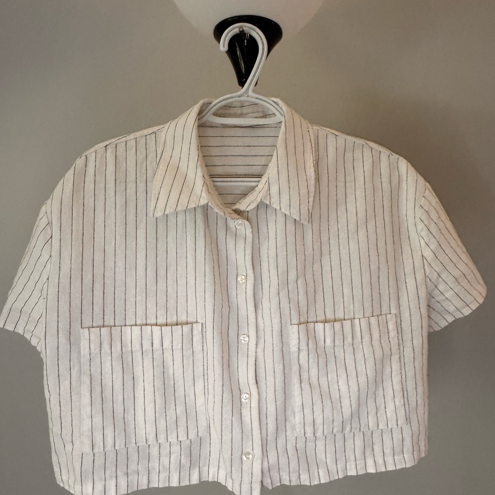 Mango Cream and Black Striped Cropped Shirt